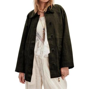 imagechouyatou Womens Fall Casual Faux Suede Leather Jacket Boyfriend Button Down Shacket Coat with PocketsArmy Green