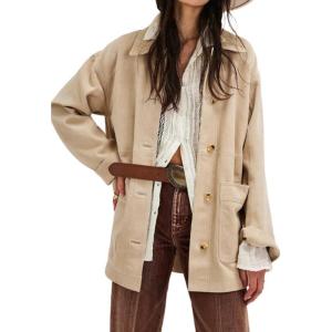 imagechouyatou Womens Fall Casual Faux Suede Leather Jacket Boyfriend Button Down Shacket Coat with PocketsBeige Apricot