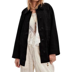 imagechouyatou Womens Fall Casual Faux Suede Leather Jacket Boyfriend Button Down Shacket Coat with PocketsBlack