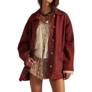 imagechouyatou Womens Fall Casual Faux Suede Leather Jacket Boyfriend Button Down Shacket Coat with PocketsBrick Red