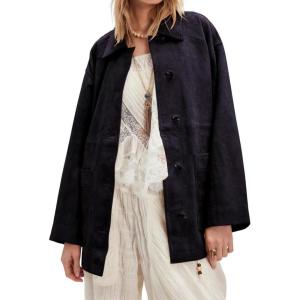 imagechouyatou Womens Fall Casual Faux Suede Leather Jacket Boyfriend Button Down Shacket Coat with PocketsNavy Blue