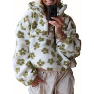 imagechouyatou Womens Fall Cute Floral Faux Fur Pullover Fleece Sweatshirt Y2k Casual Zip Up Winter Sherpa JacketGreen