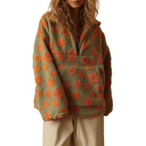 imagechouyatou Womens Fall Cute Floral Faux Fur Pullover Fleece Sweatshirt Y2k Casual Zip Up Winter Sherpa JacketGreen Orange