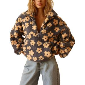 imagechouyatou Womens Fall Cute Floral Faux Fur Pullover Fleece Sweatshirt Y2k Casual Zip Up Winter Sherpa JacketGrey Yellow