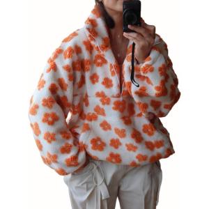 imagechouyatou Womens Fall Cute Floral Faux Fur Pullover Fleece Sweatshirt Y2k Casual Zip Up Winter Sherpa JacketOrange