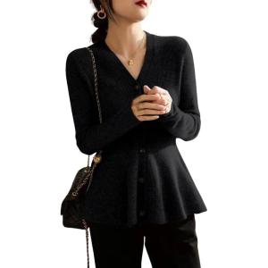 imagechouyatou Womens Fall Lightweight Peplum Cardigan Sweater Button Down Cardigan Jacket Business Casual TopBlack