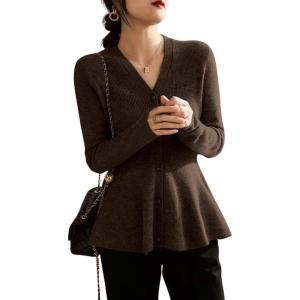 imagechouyatou Womens Fall Lightweight Peplum Cardigan Sweater Button Down Cardigan Jacket Business Casual TopBrown