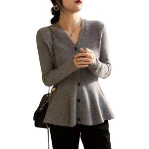 imagechouyatou Womens Fall Lightweight Peplum Cardigan Sweater Button Down Cardigan Jacket Business Casual TopGrey