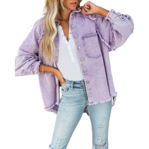 imagechouyatou Womens Fall Oversized Jean Jacket Casual Button Down Denim Shacket JacketLight Purple