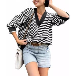 imagechouyatou Womens Fall Plaid Stripe Spliced Pullover Sweater Tops Loose Color Block Chunky Knit SweaterBlack