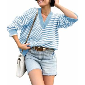 imagechouyatou Womens Fall Plaid Stripe Spliced Pullover Sweater Tops Loose Color Block Chunky Knit SweaterBlue