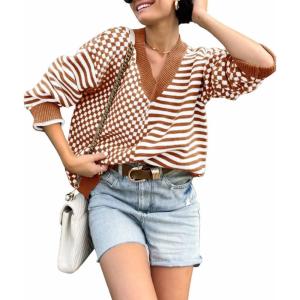 imagechouyatou Womens Fall Plaid Stripe Spliced Pullover Sweater Tops Loose Color Block Chunky Knit SweaterBrown