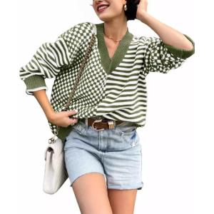 imagechouyatou Womens Fall Plaid Stripe Spliced Pullover Sweater Tops Loose Color Block Chunky Knit SweaterGreen