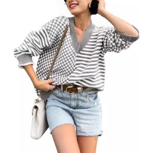 imagechouyatou Womens Fall Plaid Stripe Spliced Pullover Sweater Tops Loose Color Block Chunky Knit SweaterGrey