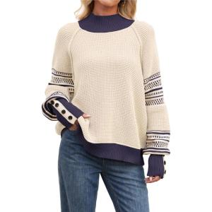 imagechouyatou Womens Fall Tribal Patterned Pullover Sweater Mock Neck Color Block Knit Jumper Sweater TopApricot
