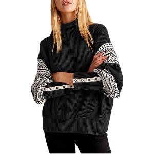 imagechouyatou Womens Fall Tribal Patterned Pullover Sweater Mock Neck Color Block Knit Jumper Sweater TopBlack