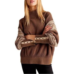 imagechouyatou Womens Fall Tribal Patterned Pullover Sweater Mock Neck Color Block Knit Jumper Sweater TopBrown