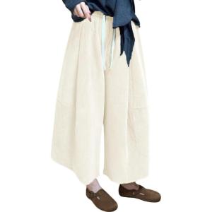 imagechouyatou Womens Fall Winter Corduroy Culottes Cropped Pants Elastic High Waisted Loose Wide Leg PalazzoBeige