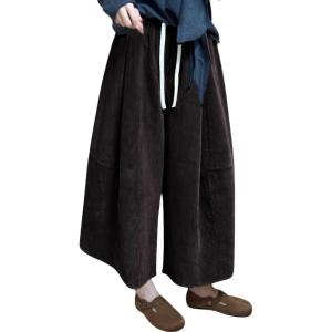 imagechouyatou Womens Fall Winter Corduroy Culottes Cropped Pants Elastic High Waisted Loose Wide Leg PalazzoBrown