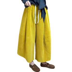 imagechouyatou Womens Fall Winter Corduroy Culottes Cropped Pants Elastic High Waisted Loose Wide Leg PalazzoGinger