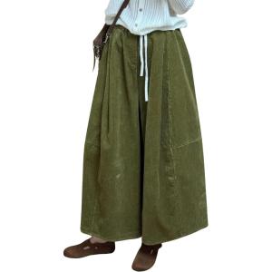 imagechouyatou Womens Fall Winter Corduroy Culottes Cropped Pants Elastic High Waisted Loose Wide Leg PalazzoGreen
