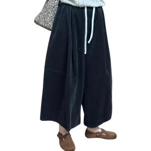 imagechouyatou Womens Fall Winter Corduroy Culottes Cropped Pants Elastic High Waisted Loose Wide Leg PalazzoNavy Blue