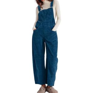 imagechouyatou Womens Fall Winter Corduroy Overalls Boyfriend Adjustable Strap Bib Jumpsuit Barrel Harem PantsBlue