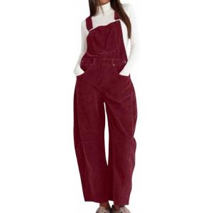imagechouyatou Womens Fall Winter Corduroy Overalls Boyfriend Adjustable Strap Bib Jumpsuit Barrel Harem PantsBurgundy