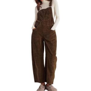 imagechouyatou Womens Fall Winter Corduroy Overalls Boyfriend Adjustable Strap Bib Jumpsuit Barrel Harem PantsCoffee