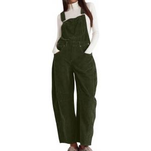 imagechouyatou Womens Fall Winter Corduroy Overalls Boyfriend Adjustable Strap Bib Jumpsuit Barrel Harem PantsGreen