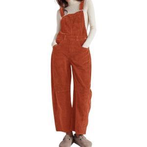 imagechouyatou Womens Fall Winter Corduroy Overalls Boyfriend Adjustable Strap Bib Jumpsuit Barrel Harem PantsOrange