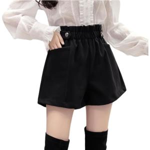 imagechouyatou Womens Fall Winter Cute Elastic High Waisted Ruffle Pleated Wool Wide Leg Shorts with PocketsBlack