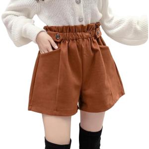 imagechouyatou Womens Fall Winter Cute Elastic High Waisted Ruffle Pleated Wool Wide Leg Shorts with PocketsBrown