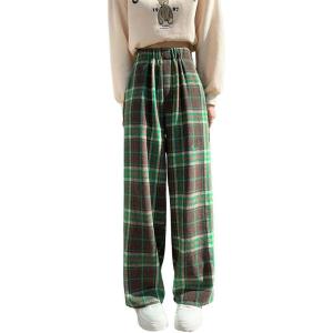 imagechouyatou Womens Fall Winter High Waist Wide Leg Plaid Office Work Wool Blend Palazzo Pants Trousers with PocketsGreen