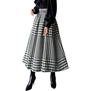 imagechouyatou Womens Fall Winter Houndstooth Tweed Wool Skirt Ruffle Zip Up Pleated Midi Skirt with PocketsBlack