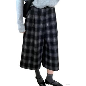 imagechouyatou Womens Fall Winter Plaid Wool Culottes Capri Cropped Pants Elastic Wide Leg Palazzo TrouserBlack
