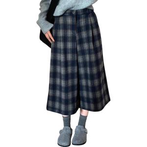 imagechouyatou Womens Fall Winter Plaid Wool Culottes Capri Cropped Pants Elastic Wide Leg Palazzo TrouserBlue