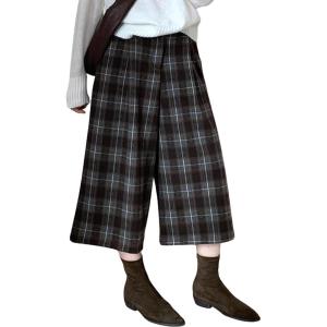 imagechouyatou Womens Fall Winter Plaid Wool Culottes Capri Cropped Pants Elastic Wide Leg Palazzo TrouserBrown