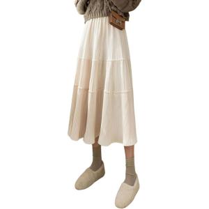 imagechouyatou Womens Fall Winter Velvet Ruffle Hem Skirt High Elastic Waist Pleated Swing Midi Long SkirtApricot