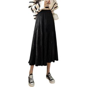 imagechouyatou Womens Fall Winter Velvet Ruffle Hem Skirt High Elastic Waist Pleated Swing Midi Long SkirtBlack