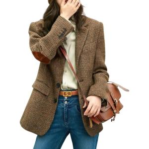 imagechouyatou Womens Fall Winter Wool Business Casual Blazer Jacket Single Breasted Plaid Dressy Work CoatBrown