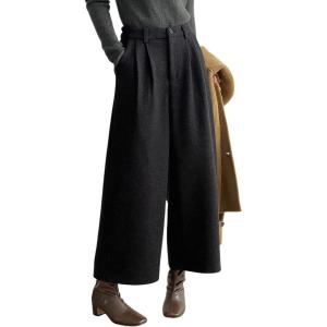 imagechouyatou Womens Fall Winter Wool Culottes Cropped Pants Elastic High Waisted Loose Wide Leg PalazzoBlack