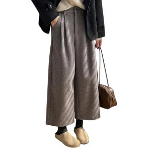 imagechouyatou Womens Fall Winter Wool Culottes Cropped Pants Elastic High Waisted Loose Wide Leg PalazzoGrey