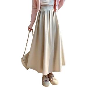 imagechouyatou Womens Fall Winter Wool Pleated A Line Skirt Casual High Waisted Swing Wool Blend Midi Long SkirtBeige White