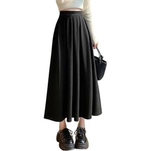 imagechouyatou Womens Fall Winter Wool Pleated A Line Skirt Casual High Waisted Swing Wool Blend Midi Long SkirtBlack