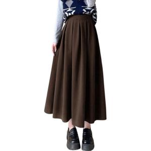 imagechouyatou Womens Fall Winter Wool Pleated A Line Skirt Casual High Waisted Swing Wool Blend Midi Long SkirtCoffee Brown