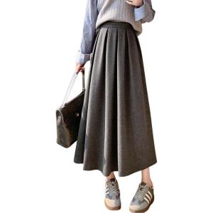 imagechouyatou Womens Fall Winter Wool Pleated A Line Skirt Casual High Waisted Swing Wool Blend Midi Long SkirtGray