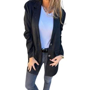 imagechouyatou Womens Faux Suede Leather Mid Long Coat Notched Lapel Business Casual Blazer Jacket Coat OvercoatBlack