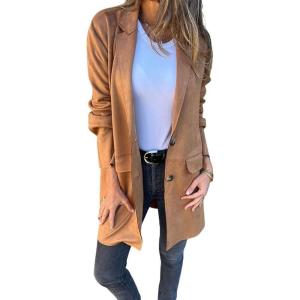 imagechouyatou Womens Faux Suede Leather Mid Long Coat Notched Lapel Business Casual Blazer Jacket Coat OvercoatBrown