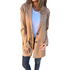 imagechouyatou Womens Faux Suede Leather Mid Long Coat Notched Lapel Business Casual Blazer Jacket Coat OvercoatKhaki
